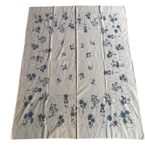 Vintage tablecloth printed cotton rectangle faded PINK blue & gray floral design